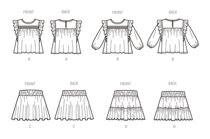 McCall's M8373 sewing pattern envelope showing a girls' top and skirt set