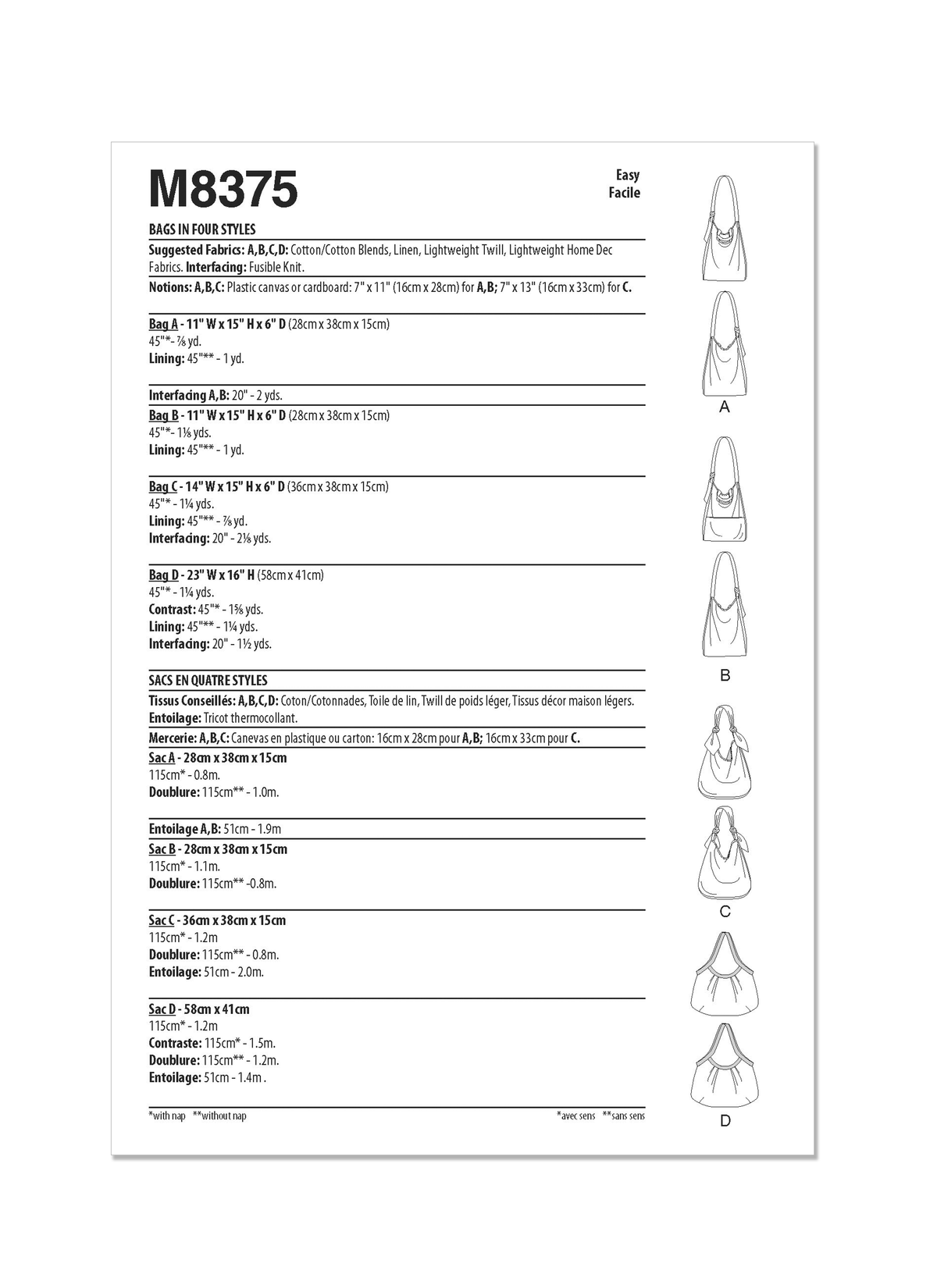 McCall's M8375 sewing pattern envelope showing a soft, easy bag in two views