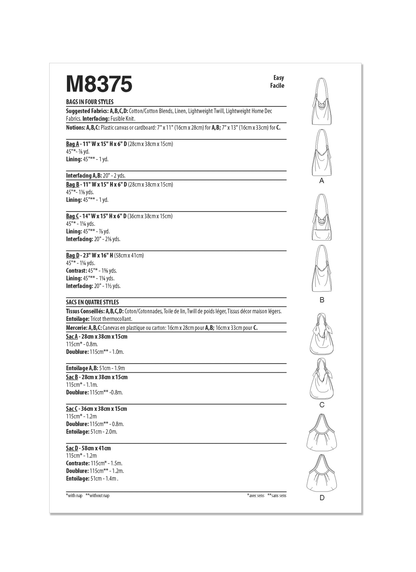McCall's M8375 sewing pattern envelope showing a soft, easy bag in two views