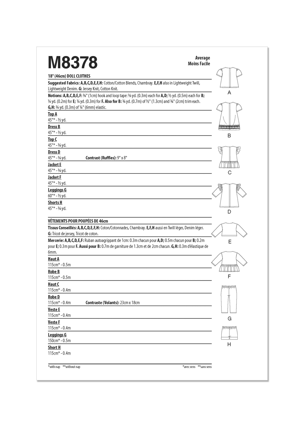 McCall's M8378 sewing pattern envelope showing a wardrobe of clothes for 18in dolls