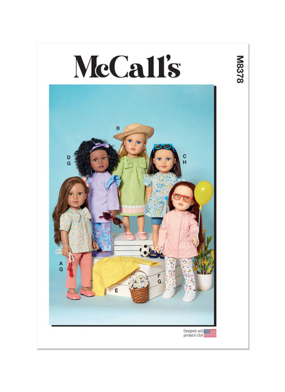 McCall's M8378 sewing pattern envelope showing a wardrobe of clothes for 18in dolls