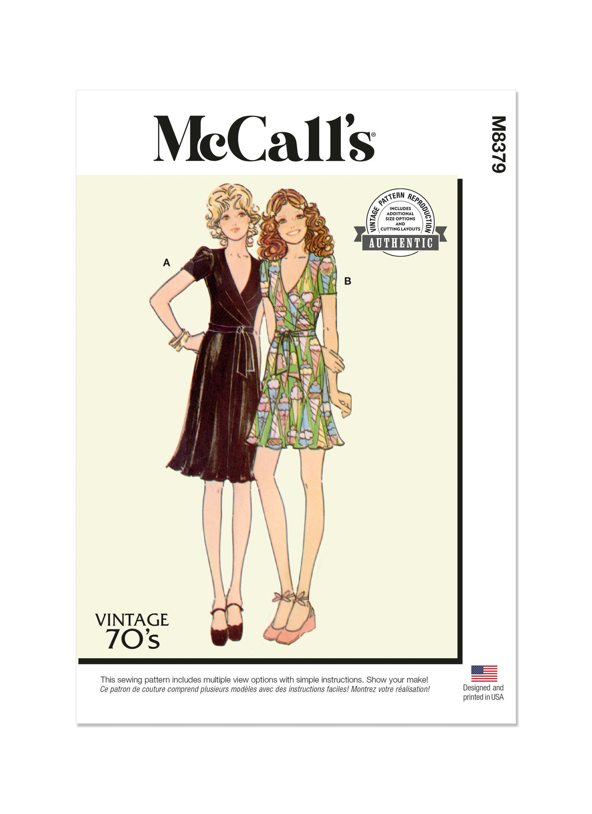 McCall's M8379 sewing pattern envelope showing a vintage 1970s-style wrap dress
