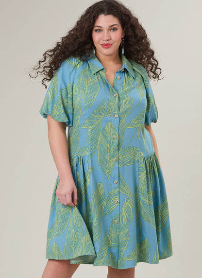 McCall's M8385 sewing pattern envelope showing a shirt dress in two lengths