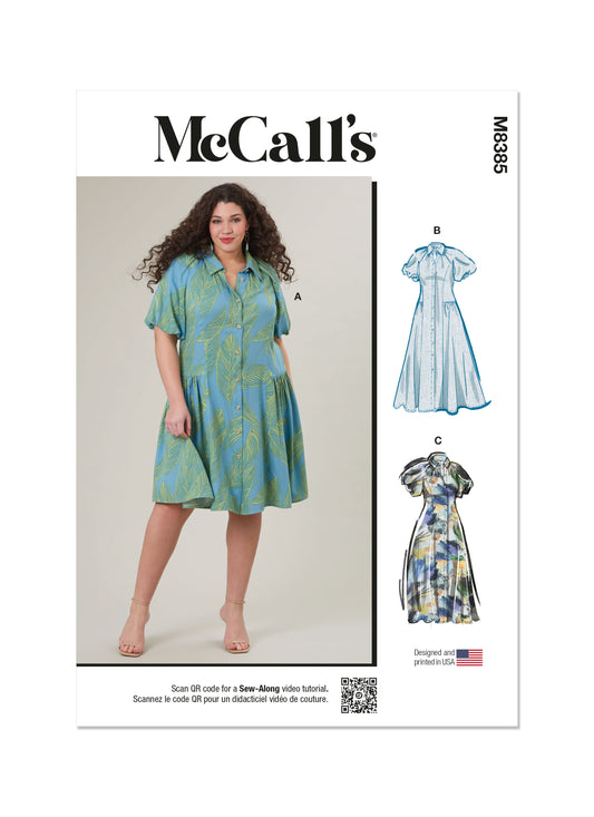 McCall's M8385 sewing pattern envelope showing a shirt dress in two lengths