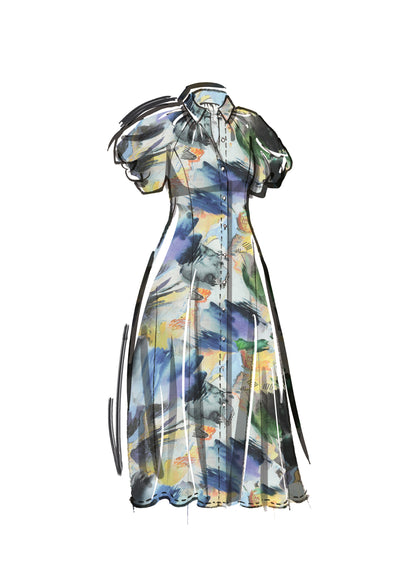 McCall's M8385 sewing pattern envelope showing a shirt dress in two lengths