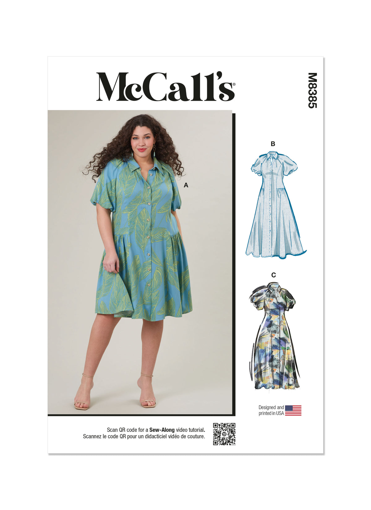 McCall's M8385 sewing pattern envelope showing a shirt dress in two lengths