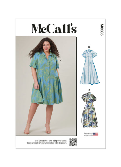 McCall's M8385 sewing pattern envelope showing a shirt dress in two lengths