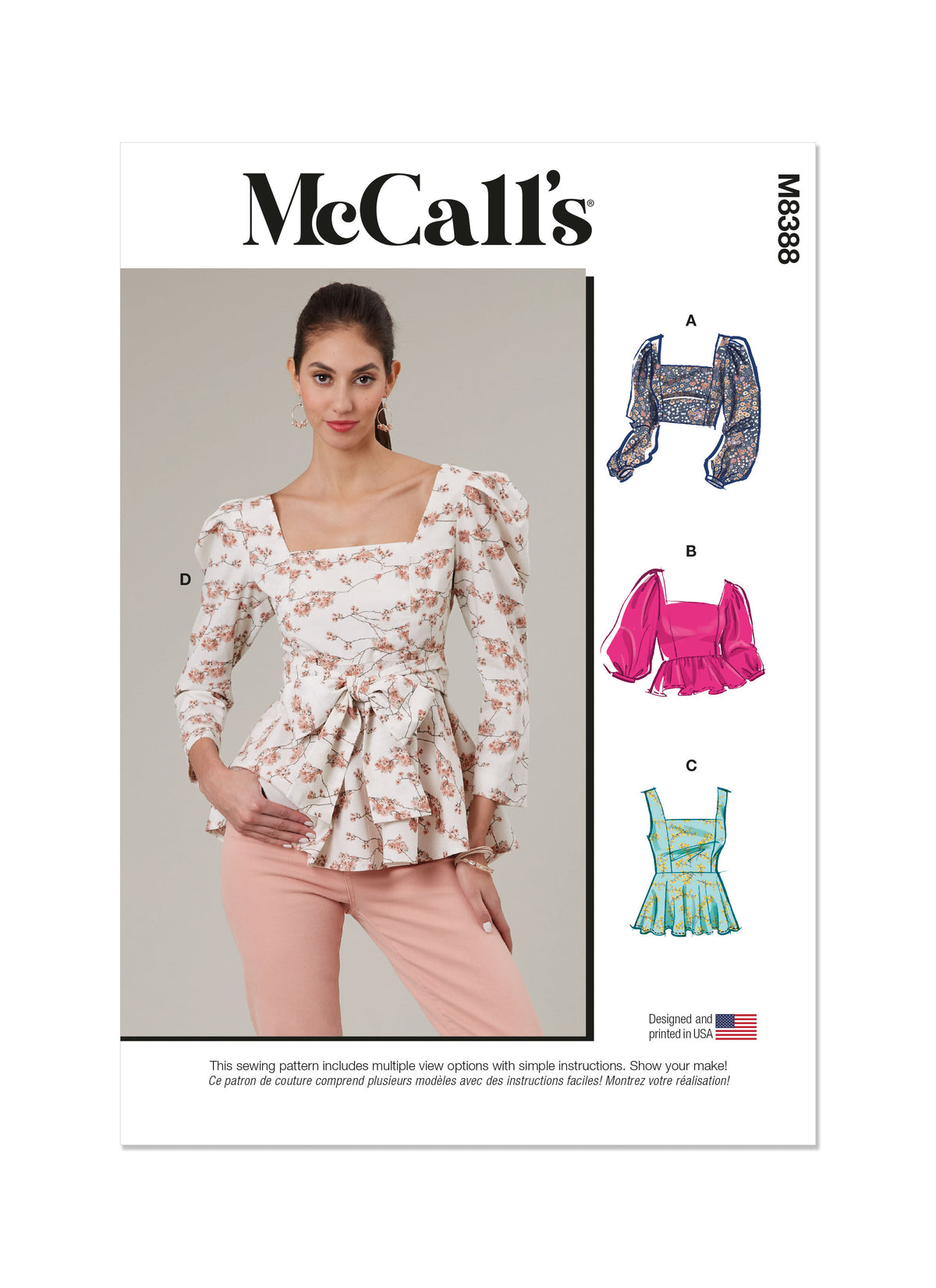 McCall's M8388 sewing pattern envelope showing tops with sleeves or straps