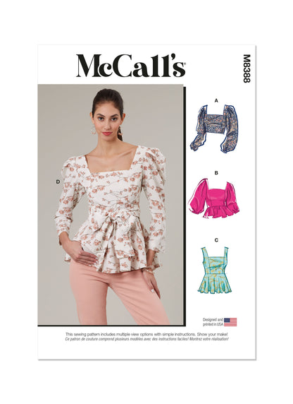 McCall's M8388 sewing pattern envelope showing tops with sleeves or straps