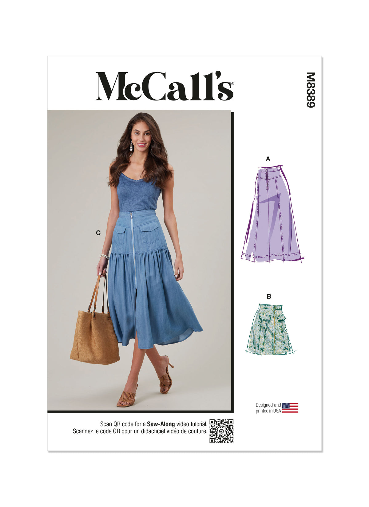 McCall's M8389 sewing pattern envelope showing skirts in two lengths