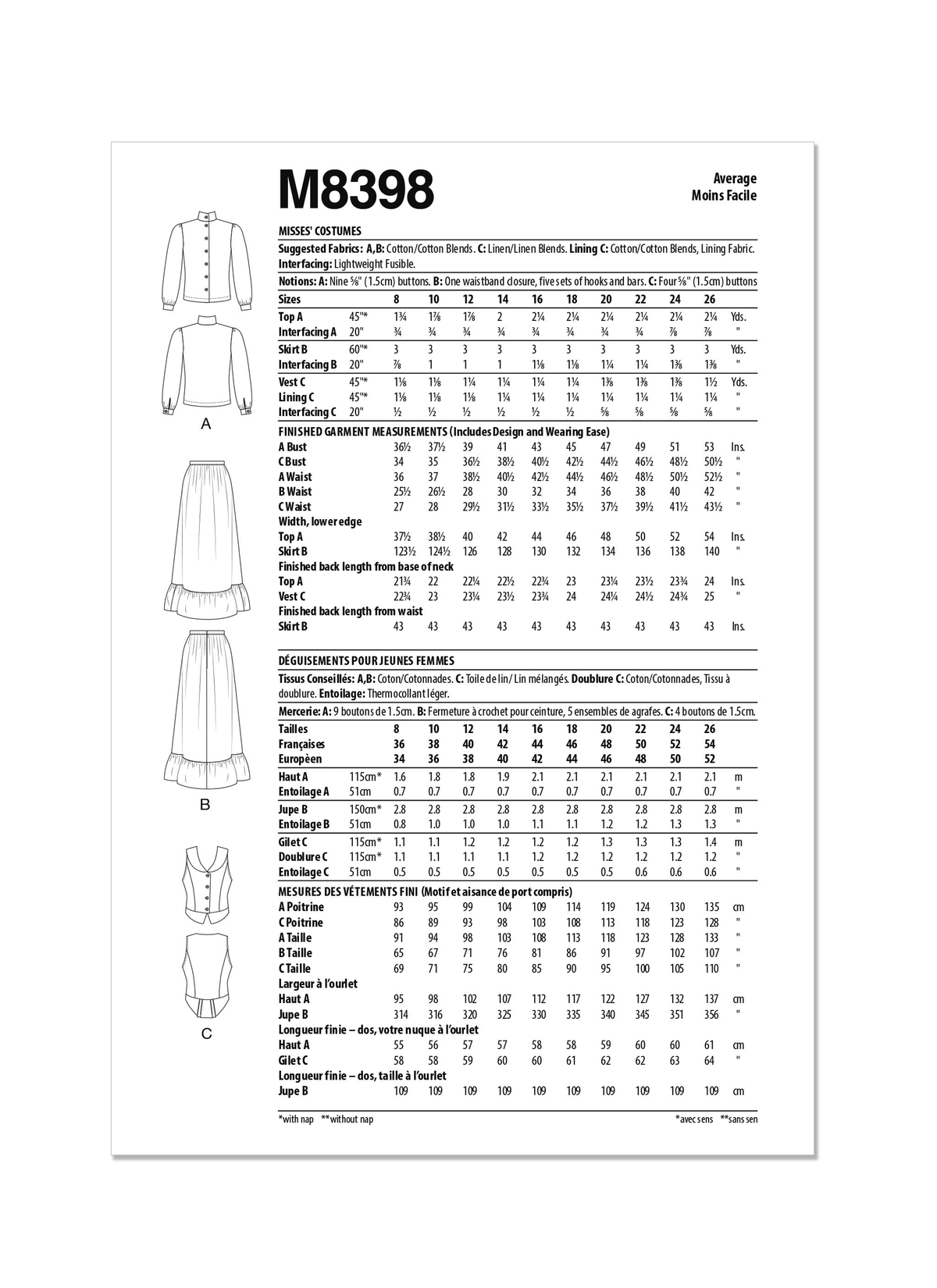McCall's M8398 sewing pattern envelope showing a costume top