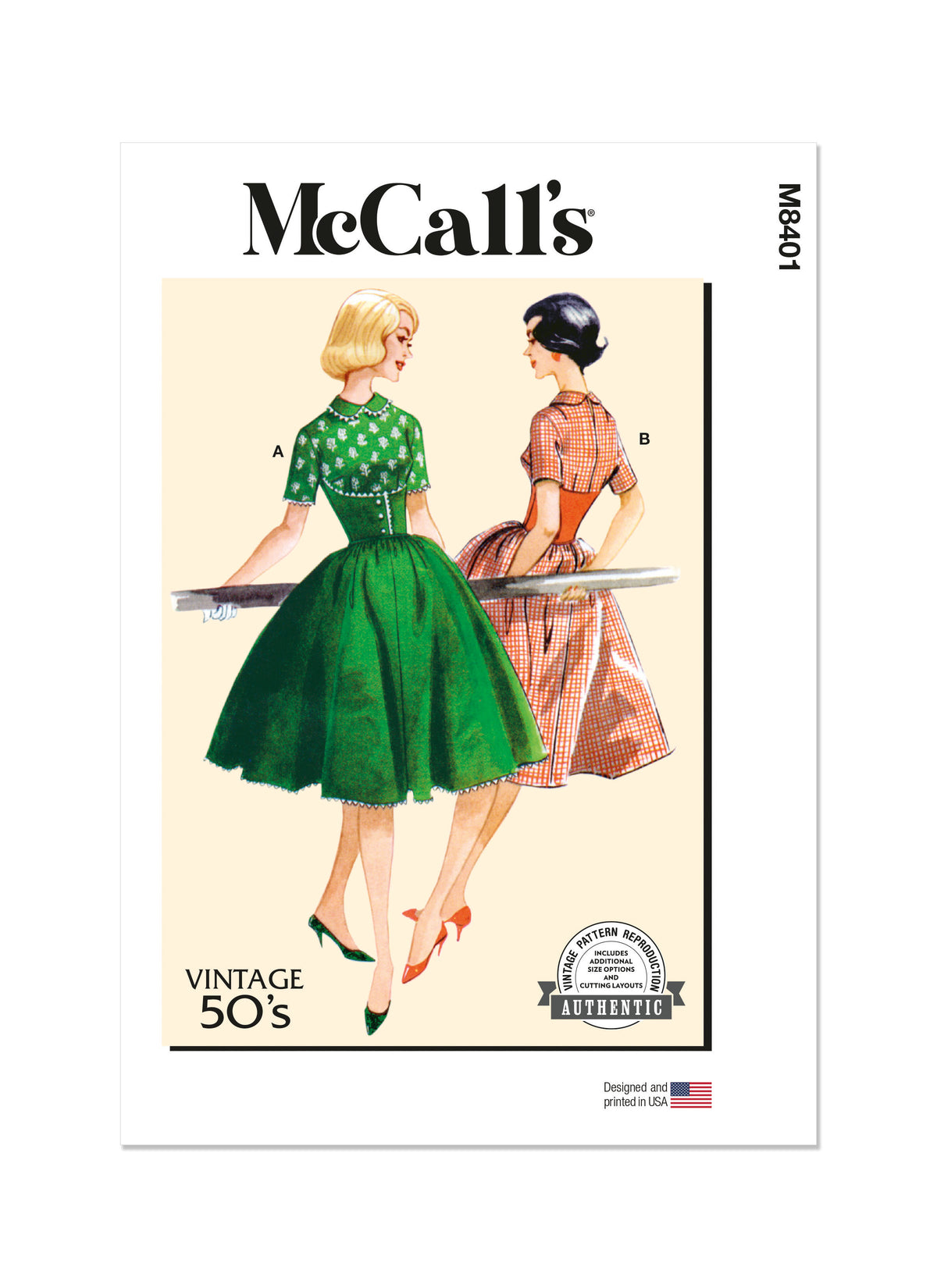 McCall's M8401 sewing pattern envelope showing a vintage 1950s-style dress