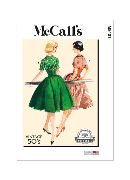 McCall's M8401 sewing pattern envelope showing a vintage 1950s-style dress