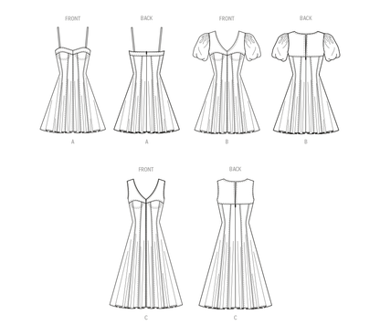 McCall's M8405 sewing pattern envelope showing fit and flare corset dress designs
