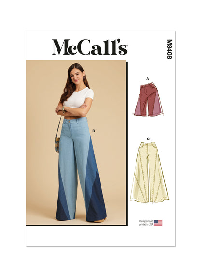 McCall's M8408 sewing pattern envelope showing patchwork shorts and trousers designs