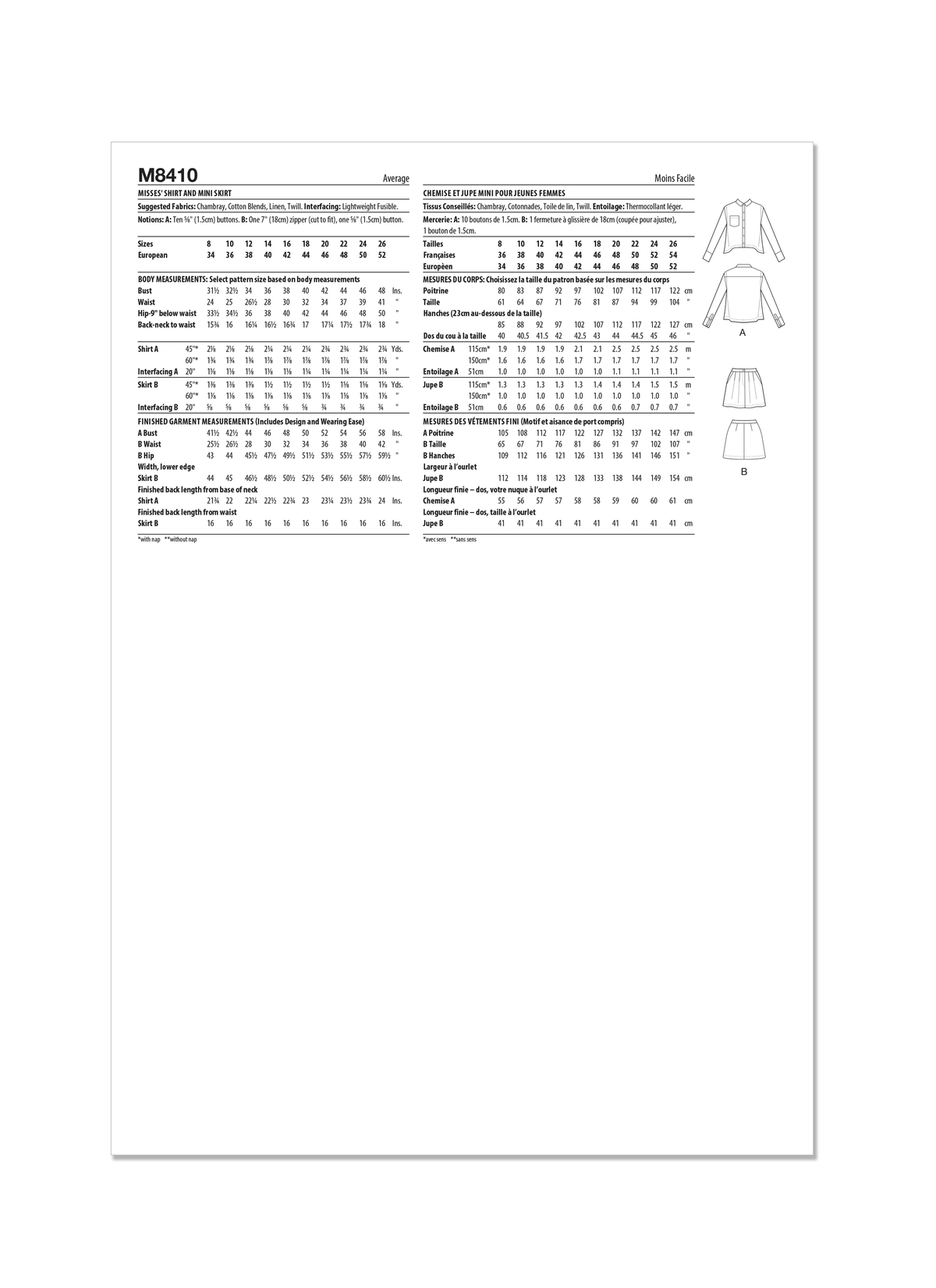 McCall's M8410 sewing pattern envelope showing cropped button-down shirt designs