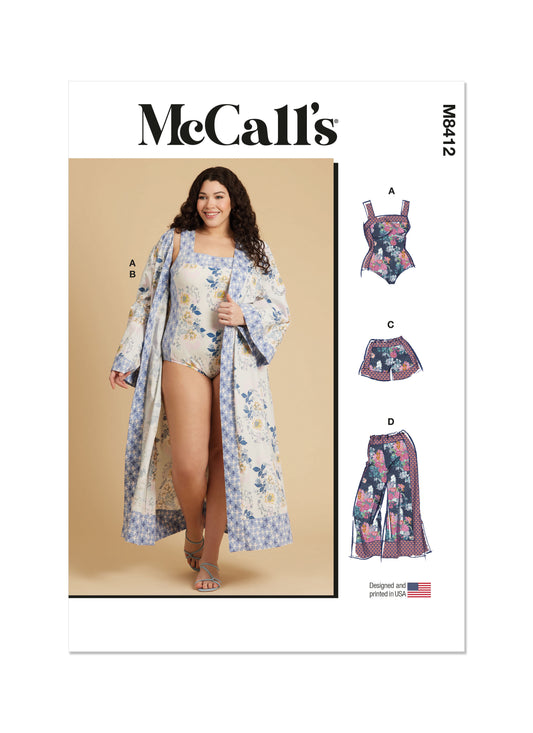 McCall's M8412 sewing pattern envelope showing bodysuit, robe, shorts and trousers designs