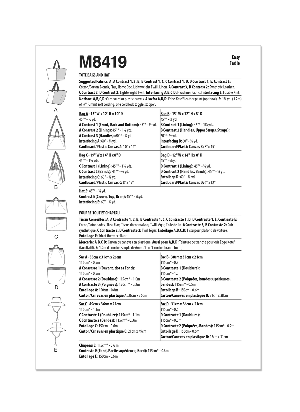 McCall's M8419 sewing pattern envelope showing tote bags designs
