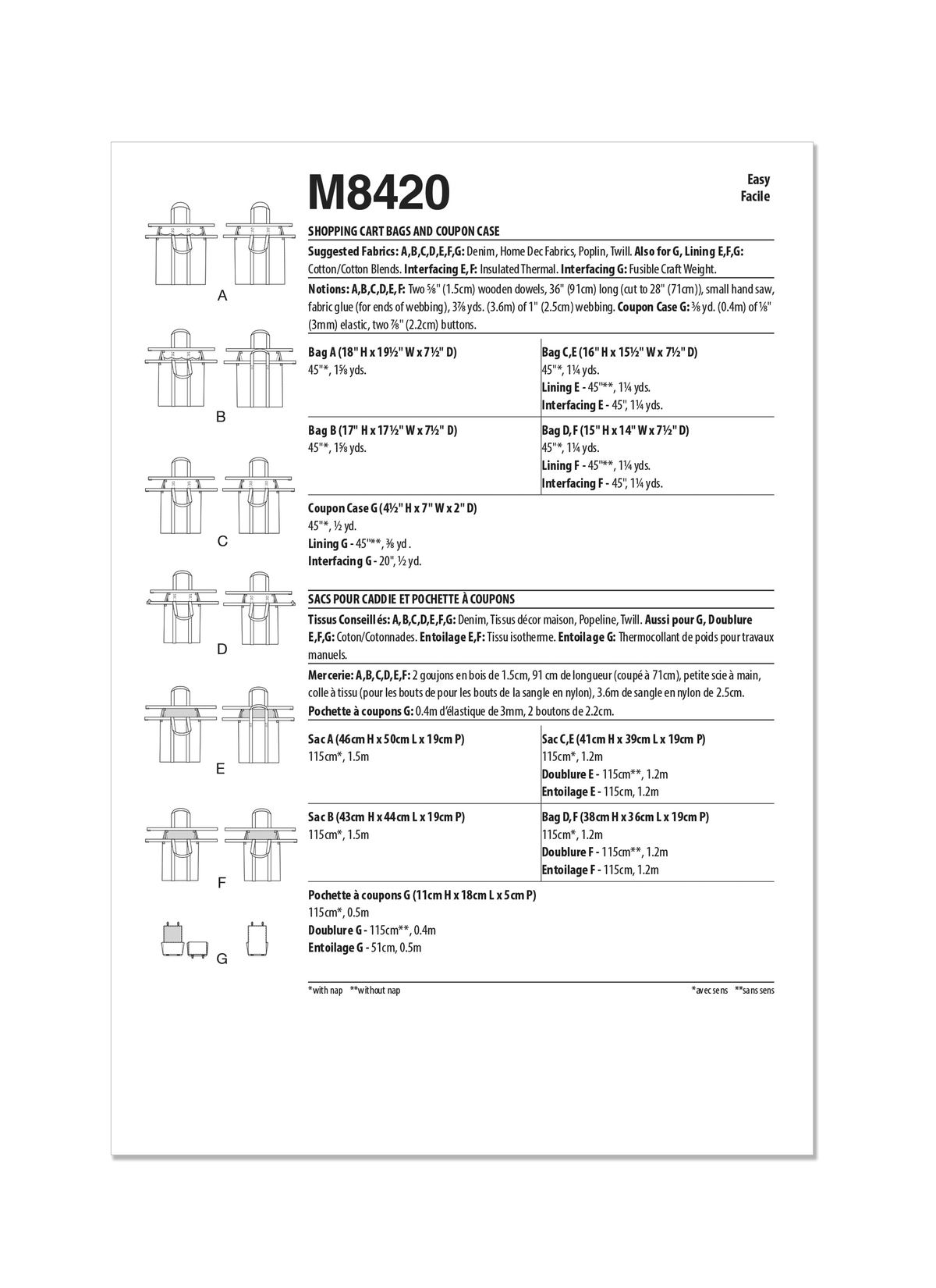 McCall's M8420 sewing pattern envelope showing shopping trolley bags designs