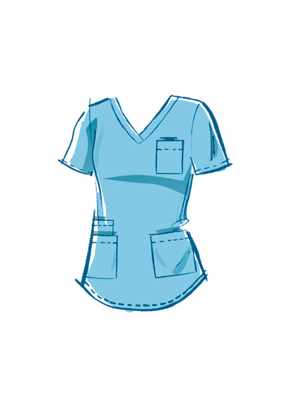 McCall's M8421 sewing pattern envelope showing scrub tops designs