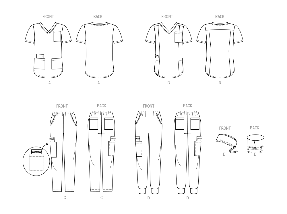 McCall's M8421 sewing pattern envelope showing scrub tops designs