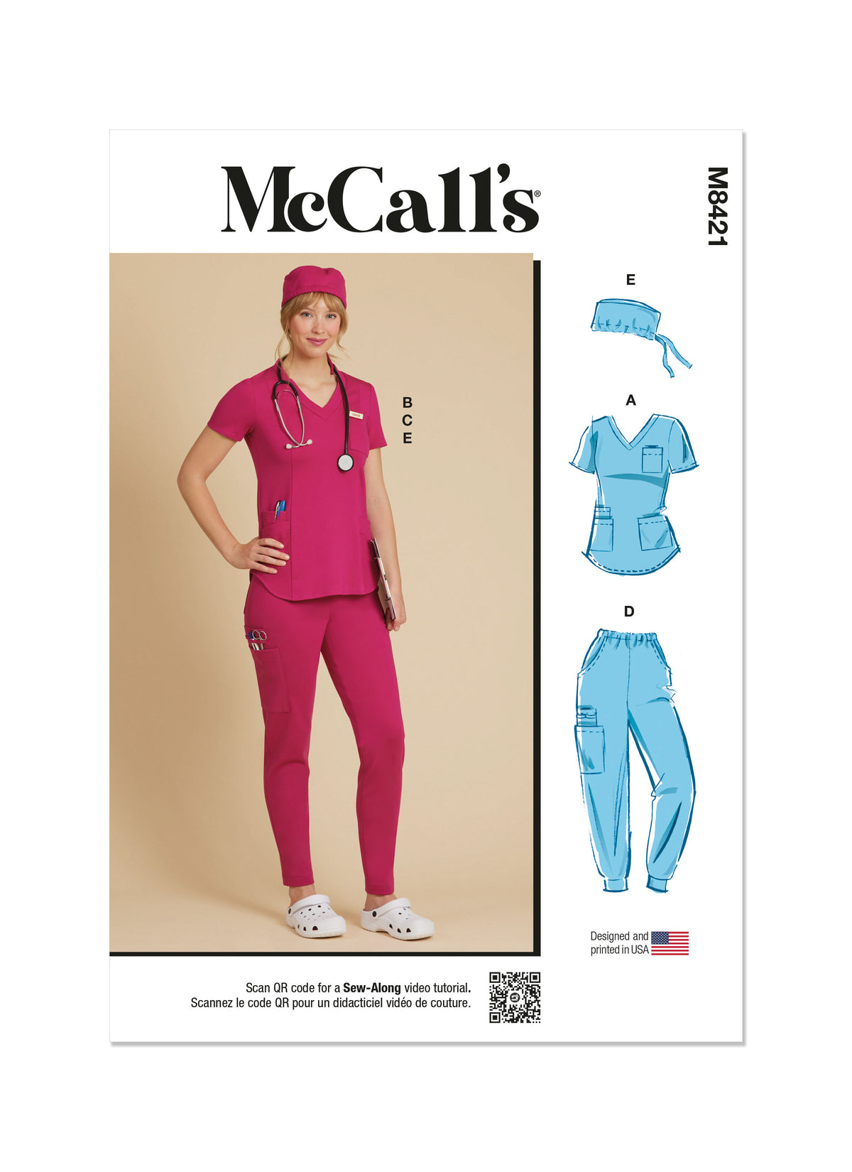 McCall's M8421 sewing pattern envelope showing scrub tops designs