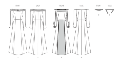 McCall's M8424 sewing pattern envelope showing long dress costume designs