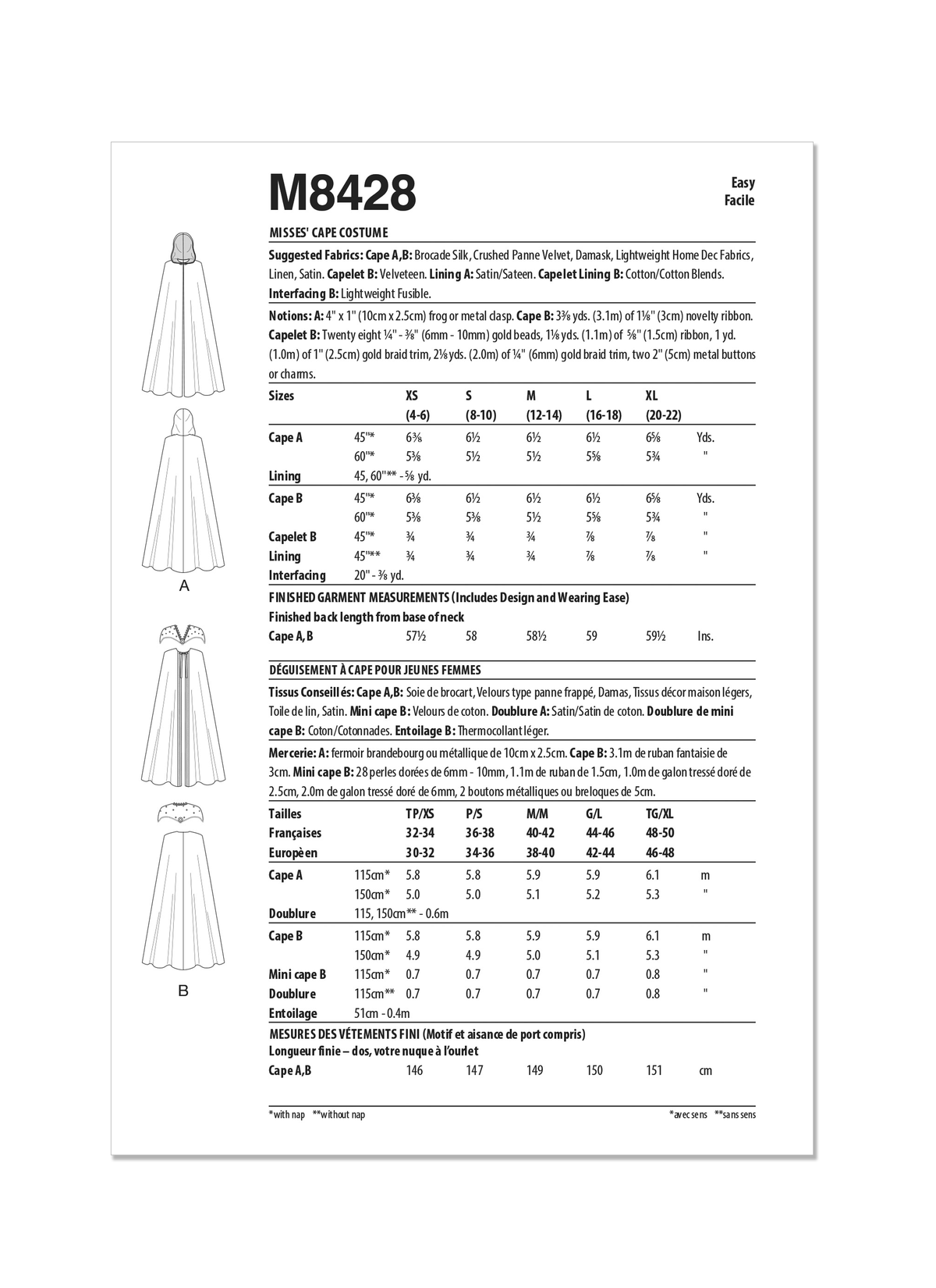 McCall's M8428 sewing pattern envelope showing unlined cape designs