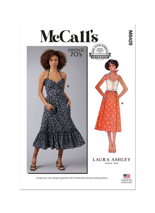 McCall's M8429 sewing pattern envelope showing vintage 1970s top and skirt designs