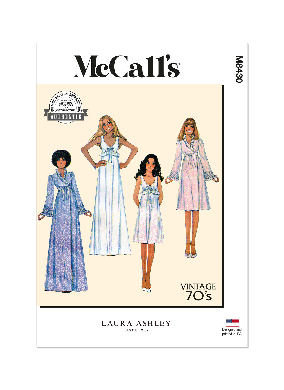McCall's M8430 sewing pattern envelope showing vintage 1970s robe and nightgown designs