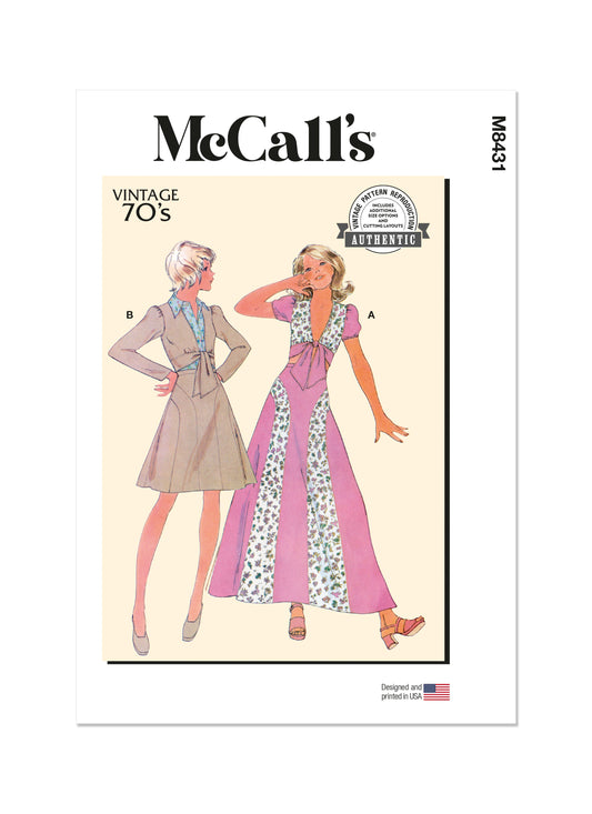 McCall's M8431 sewing pattern envelope showing vintage 1970s top and skirt designs