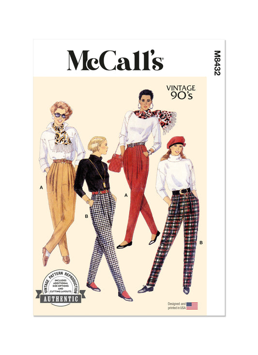 McCall's M8432 sewing pattern envelope showing vintage 1990s trousers designs