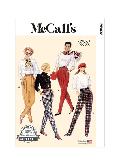 McCall's M8432 sewing pattern envelope showing vintage 1990s trousers designs
