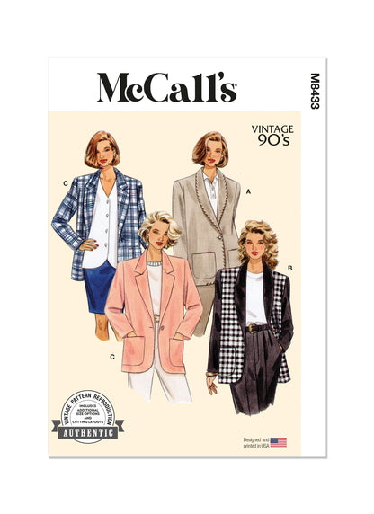McCall's M8433 sewing pattern envelope showing vintage 1990s jacket designs