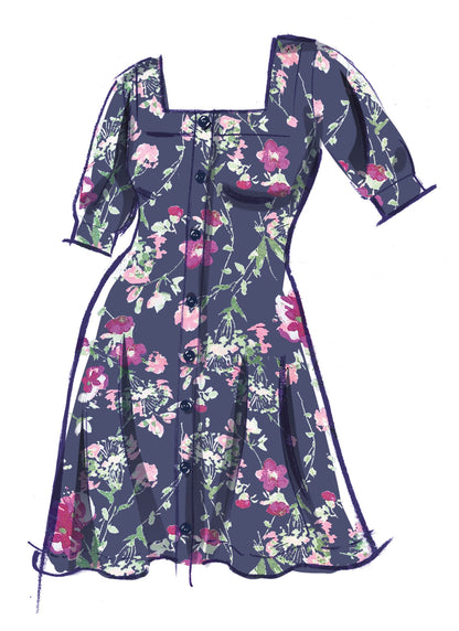 McCall's M8435 sewing pattern envelope showing button front knit dress designs