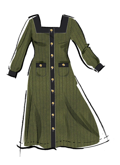 McCall's M8435 sewing pattern envelope showing button front knit dress designs