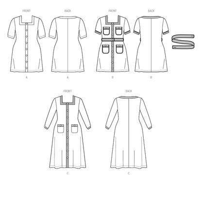 McCall's M8435 sewing pattern envelope showing button front knit dress designs