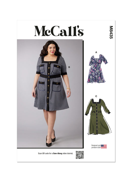 McCall's M8435 sewing pattern envelope showing button front knit dress designs
