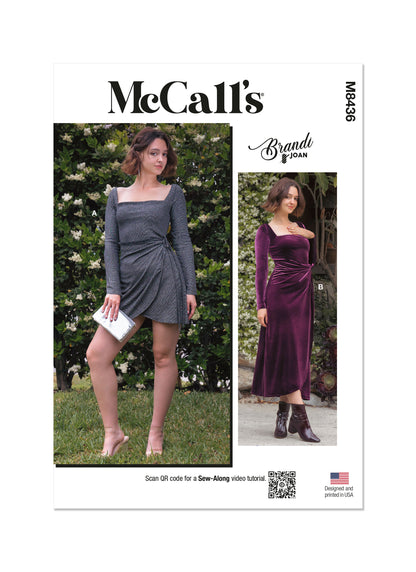 McCall's M8436 sewing pattern envelope showing wrap front dress designs