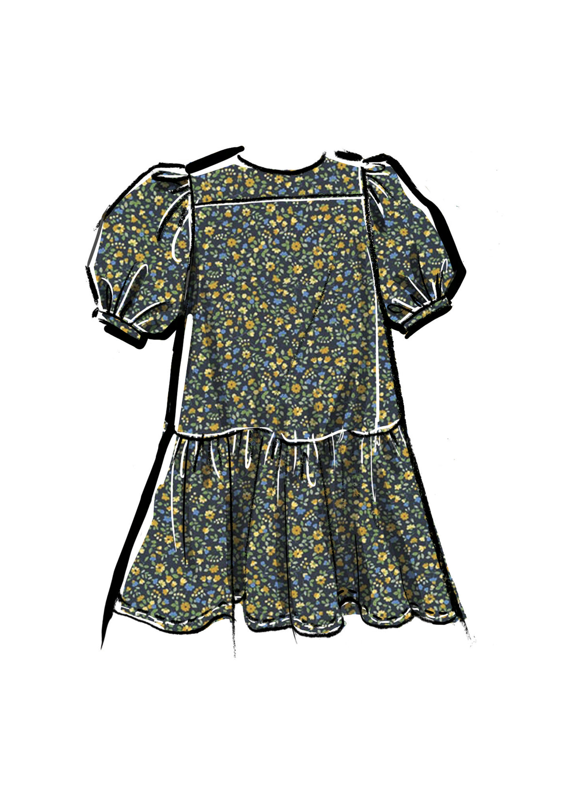 McCall's M8444 sewing pattern envelope showing girls' puff sleeve dress designs
