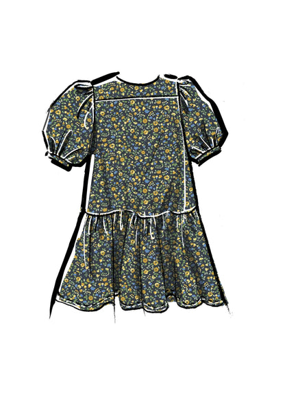 McCall's M8444 sewing pattern envelope showing girls' puff sleeve dress designs