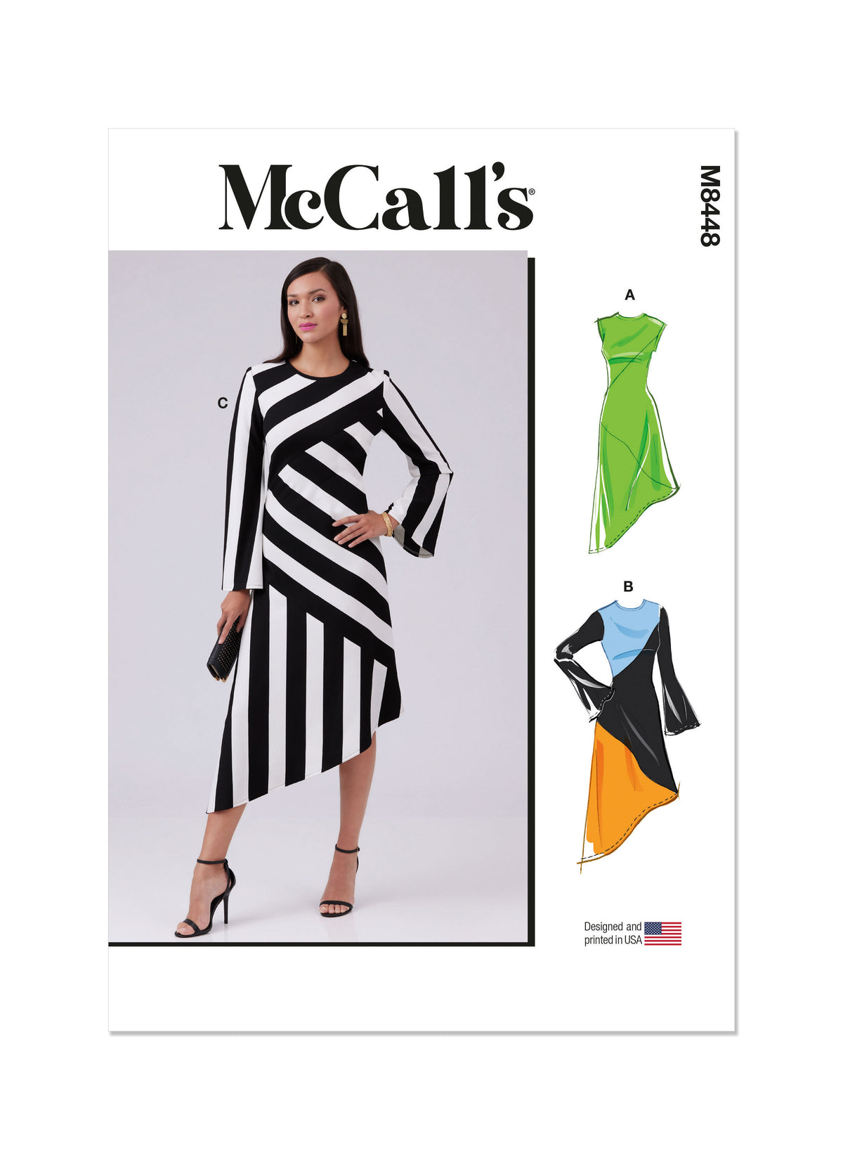 McCall's M8448 sewing pattern envelope showing women's knit dress designs