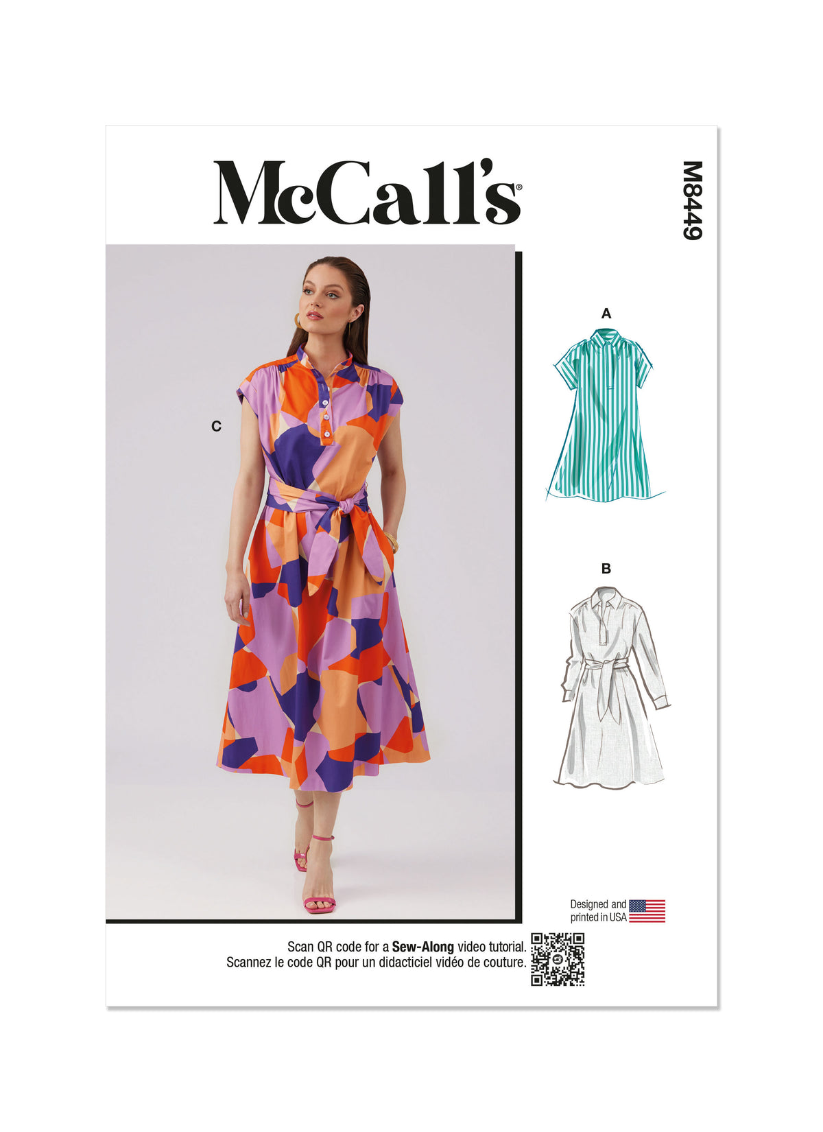 McCall's M8449 sewing pattern envelope showing women's pullover dress designs