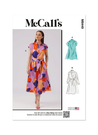 McCall's M8449 sewing pattern envelope showing women's pullover dress designs