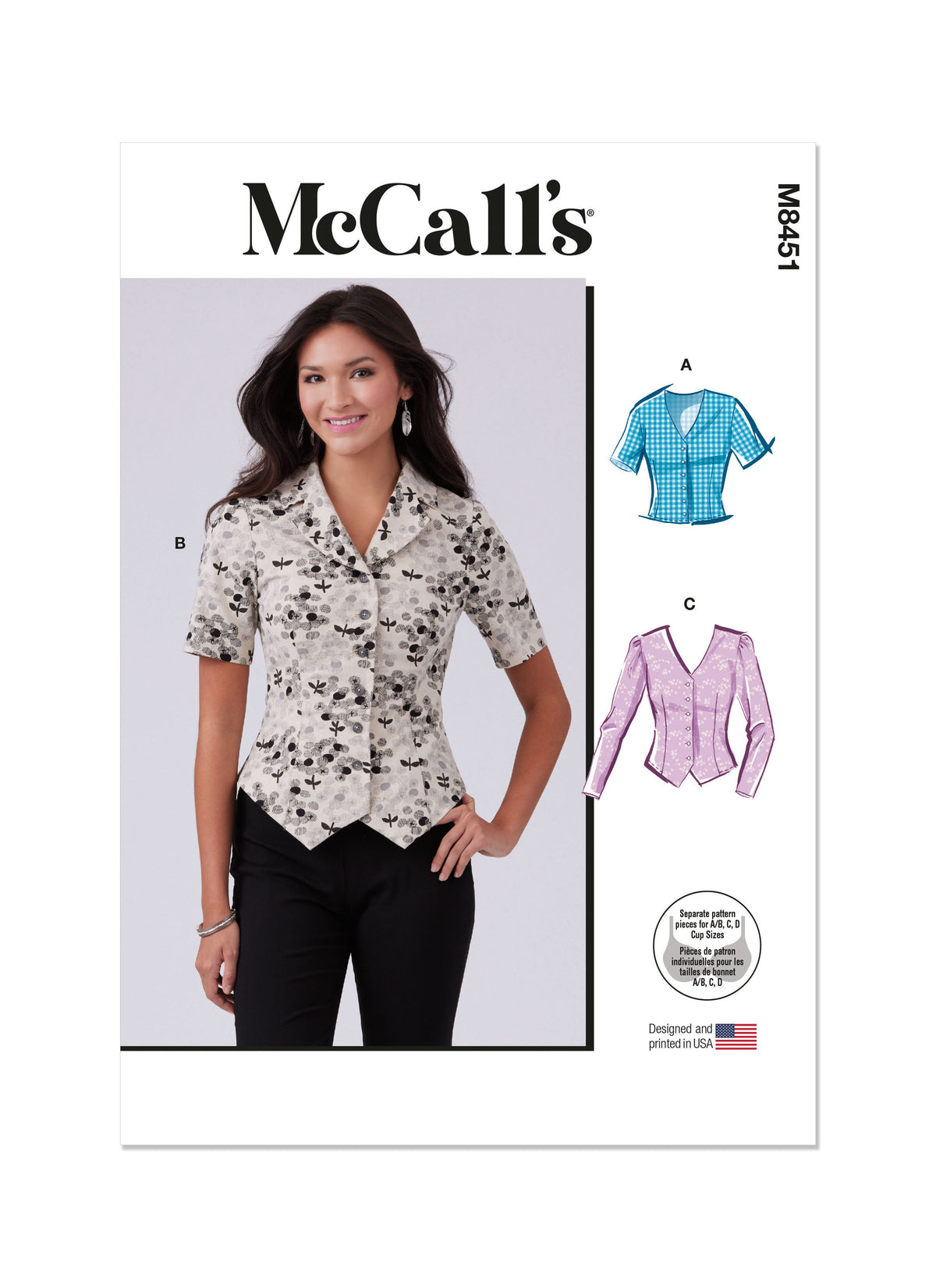 McCall's M8451 sewing pattern envelope showing women's button front tops designs
