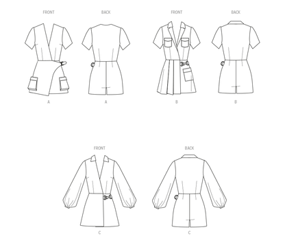 McCall's M8454 sewing pattern envelope showing women's wrap front playsuit designs