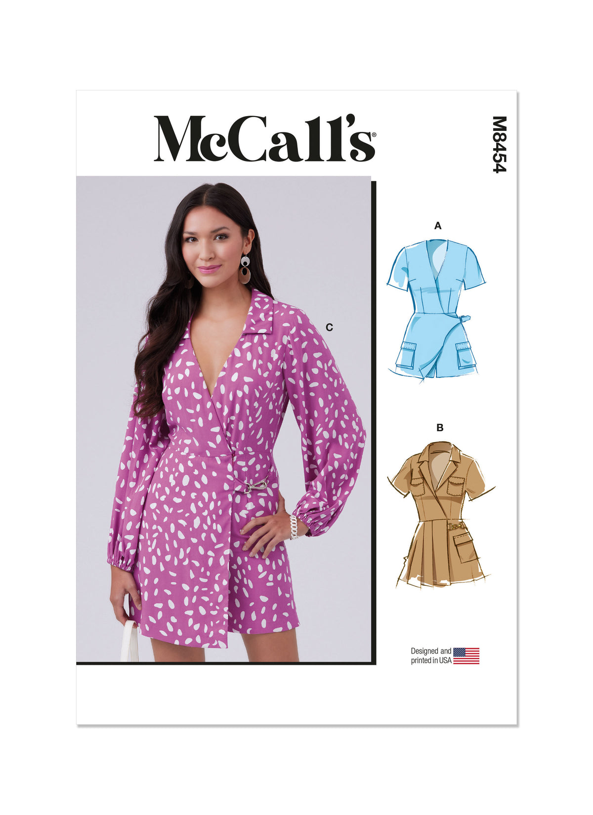 McCall's M8454 sewing pattern envelope showing women's wrap front playsuit designs
