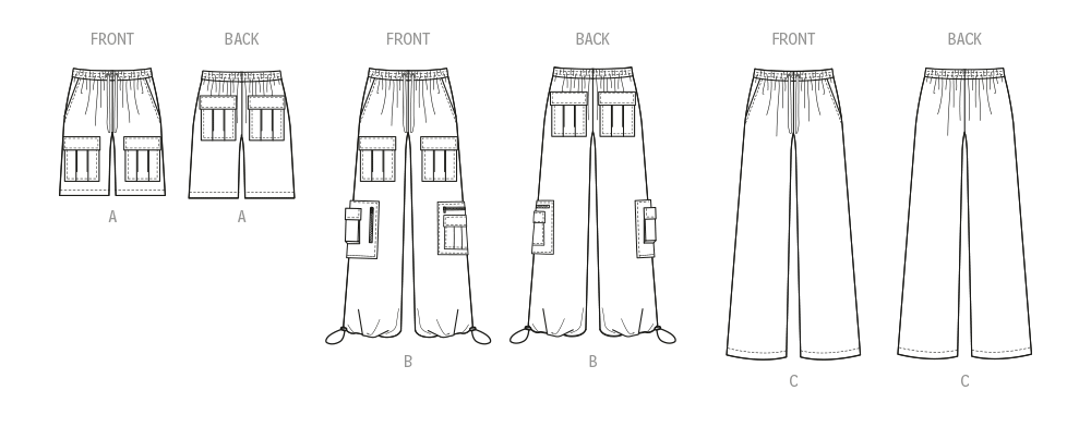 McCall's M8458 sewing pattern envelope showing unisex wide leg cargo trousers designs