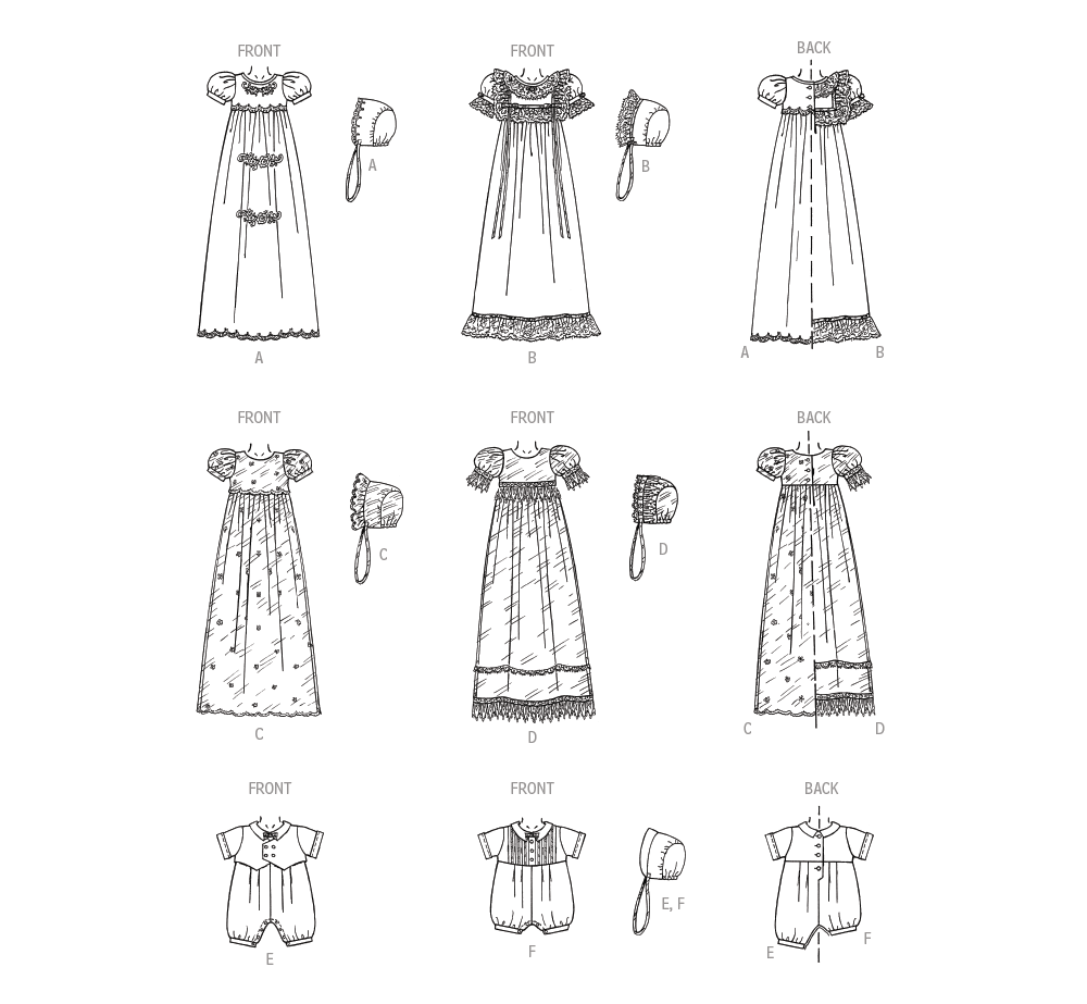 McCall's M8460 sewing pattern envelope showing baby special occasion gowns designs