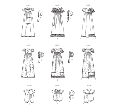McCall's M8460 sewing pattern envelope showing baby special occasion gowns designs